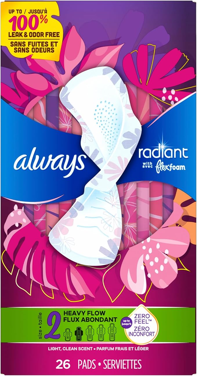 Always Radiant Feminine Pads for Women, Flexfoam Pads with Wings, Size 2, Heavy Absorbency, Lightly Scented 78 Count (Pack of 2)