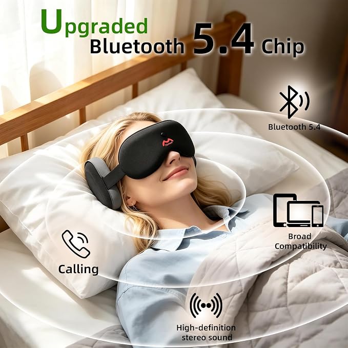 Bluetooth Sleep Mask with White Noise, Bluetooth 5.4 Sleep Headphones Eye Mask, 100% Blackout Sleep Mask, Voice Control, Soft Earmuffs, Comfortable for Travel, Meditation & Side Sleepers