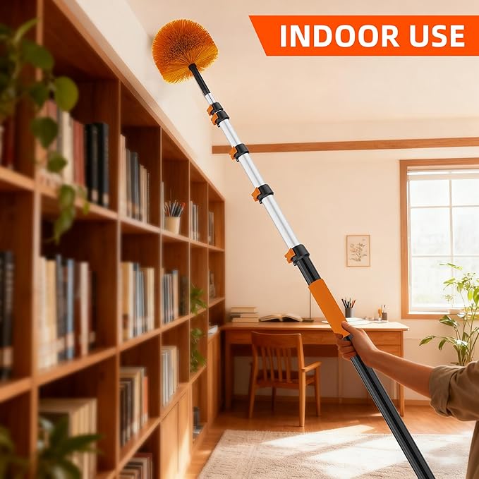 35 FT Reach Cobweb Duster with 5-29FT Telescoping Pole, Dual Action Flip-Lock & Screw Fixing Design, Washable Reusable Duster for High Ceilings, Fans & Home Cleaning
