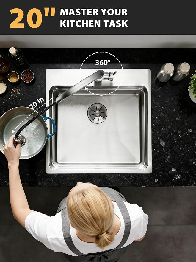 Hiqufet Vintage Kitchen Faucet, Pull Down Sprayer, Brushed Nickel | Easy Install, 360 Swivel, 3 Spray Modes, SUS304 Stainless Steel, High Arc, Fits RV/Laundry/Bar Sinks, High Arc, Lead-Free