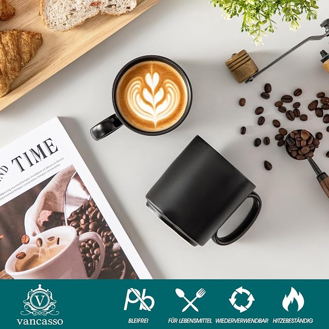 vancasso Porcelain Coffee Mugs Set of 6, 16 Oz Large Black Coffee Cups for Latte, Cappuccino, Tea & Hot Cocoa, Sleek Modern Café Style for Home, Office & Coffee Bar, Microwave & Dishwasher Safe