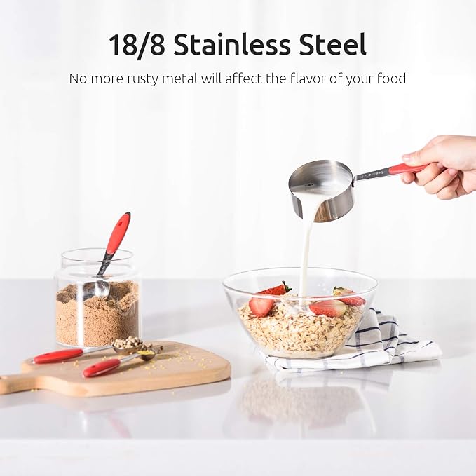 U-Taste 10 Piece Measuring Cups and Spoons Set in 18/8 Stainless Steel, and 18/8 Stainless Steel 3.9 inch 30 Mesh Strainer (Red)