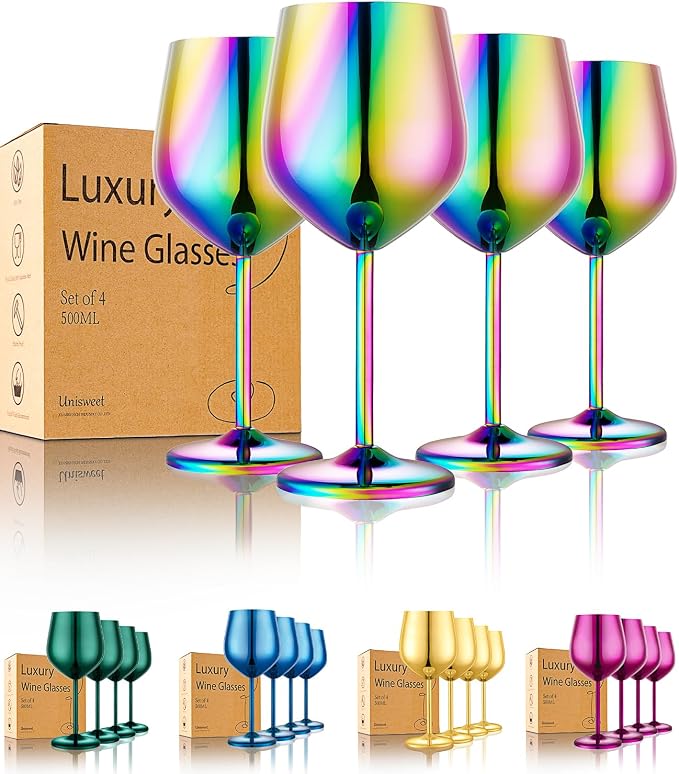 UNISWEET Unbreakable Stainless Steel Wine Glasses Set of 4, Colorful | 17oz Unique Fancy Metal Wine Goblets, Shatterproof, Ideal for Outdoor, Camping, Travel, Pool, Great Gift for Wine Lovers