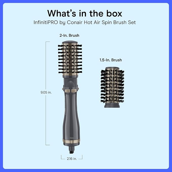 Conair InfinitiPRO Rotating Hot Air Dryer Spin Brush Set | Bidirectional Rotating Ionic Hot Air Brush for Volume and Curls, Gray, 2 in. and 1 ½ in. Brush Heads, BC191L
