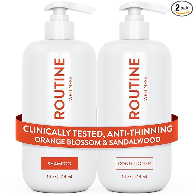 Routine Wellness Anti-Thinning Shampoo and Conditioner Set for Thinning Hair - Biotin DHT Blocker Women & Men - Color Safe Shampoo for Hair Loss & Healthier Hair - Orange Blossom & Sandalwood Set