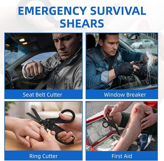 Heavy Duty 6 in 1 Multifunctional Trauma Shears Foldable | Stainless Steel Emergency Response Scissors | Survival Shears With Holster | Medical Trauma Shears Tactical With Strap Cutter | Matte Black