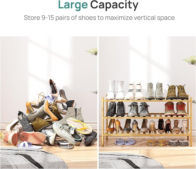 viewcare 3-Tier Long Shoe Rack, Bamboo Wood Shoe Rack for Closet, Entryway & Hallway, Stackable | Beautiful | Functional | Sturdy