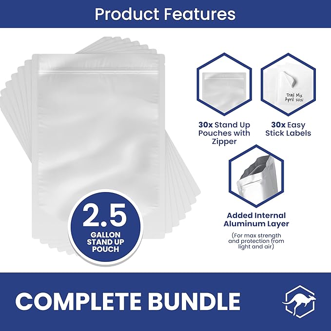 Wallaby 30 Count 2.5-Gallon Gusset Mylar Bags with Labels, 15 Mil Total Thickness Long-Term Food Storage Pouches, 18x12 Stand-Up Zipper Heat-Sealable Airtight Packaging - Silver