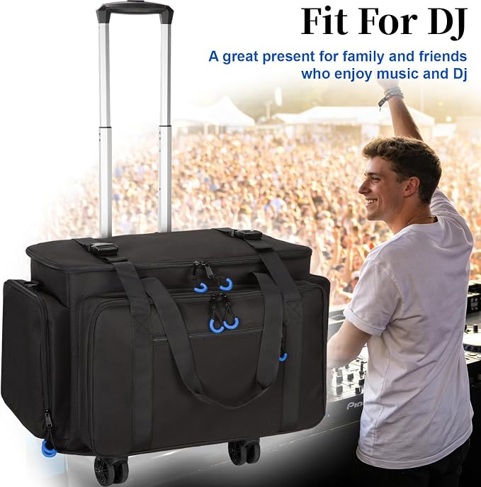Rolling Dj Cable Bag with Laptop and Microphone Pocket, Dj Bag for Equipment and Music Accessories with Detachable Dividers, Bottom Pad, Dj Gig Bags for Musicians, Professional, Travel, Blue