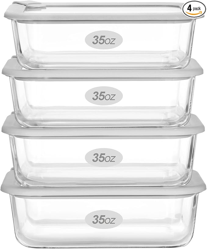 Glass Food Containers with Glass Lid, Microwave Safe Food Storage Container Set, 4 Pack of 35oz, Large Size Airtight Storage Set with Leak Proof Lids, Meal Prep Containers