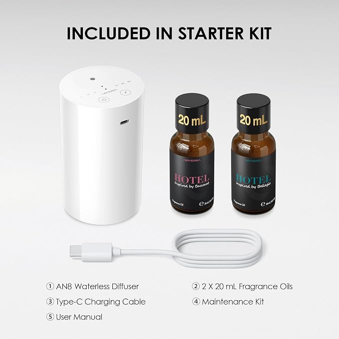 Airversa AN8 Waterless Essential Oil Diffuser Starter Kit, White | 2X20 mL BLG+BCR Hotel Scent Fragrance Oil, Up to 600 sq ft, Battery Operated, Portable for Home Car Office, AN8Kit-2x20-B