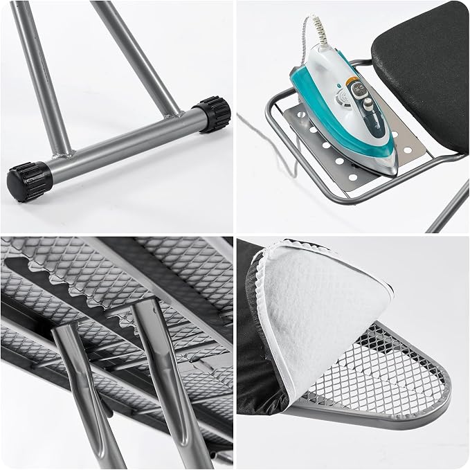 BKTD Ironing Board, Heat Resistant Cover Iron Board with Steam Rest, Non-Slip Foldable Ironing Stand. Heavy Sturdy Metal Frame Legs Iron Stand(13 * 34 * 53 Inches) (Silver Black)