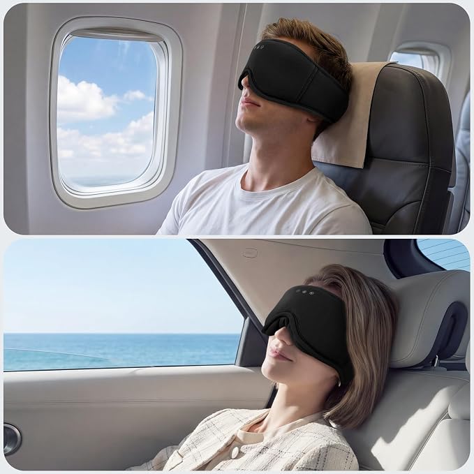 3D Bamboo Cotton Sleep Mask with Bluetooth 5.4 Headphone, Music Wireless Bluetooth Blackout Eye Mask for Side Sleepers, Earphones HD Speaker Microphone for Travel, Gifts for Women Men, Black