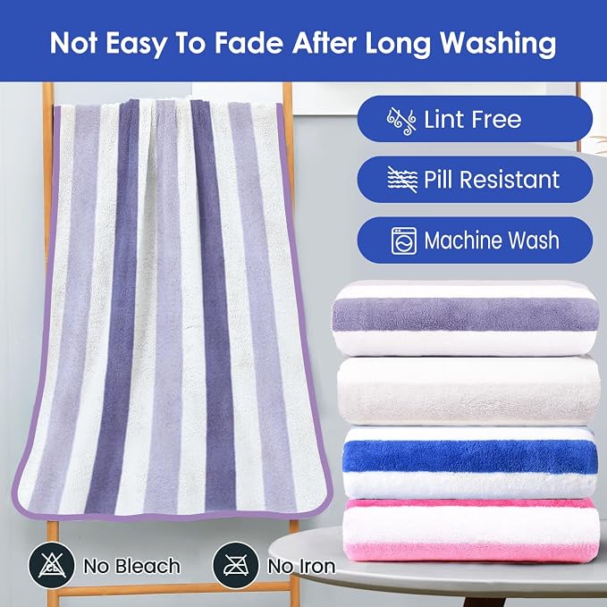 JML Microfiber Bath Towels, 2 Pack, 30" x 60", Cabana Stripe Purple | Hanging Loop, Lint Free, Oversized, Soft, Super Absorbent,Fast Drying, Perfect for Shower, Sauna, Gym, Sports, Fitness, Yoga