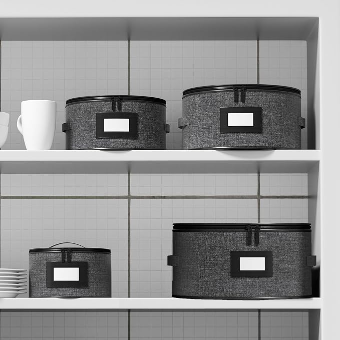 Aokeyee 4-Piece Plate Storage Set, Hard-Shell Dinnerware Organizer, Grey | With 48 Soft Felt Dividers for Saucer, Dessert, Salad and Dinner Plates, Dual Zippers, Handles, Stackable, Moving & Storage