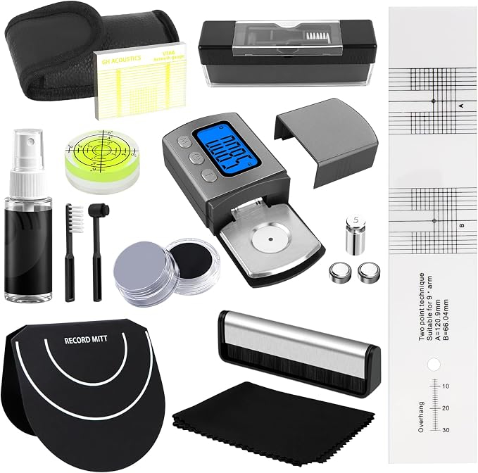 12-in-1 Vinyl Record Cleaning Kit,Turntable Cartridge Alignment Kit with Digital Scale,Azimuth Ruler,Alignment Protractor,Spirit Level,Velvet Brush,Stylus Brush,Record Mitts,Cleaning Cloth
