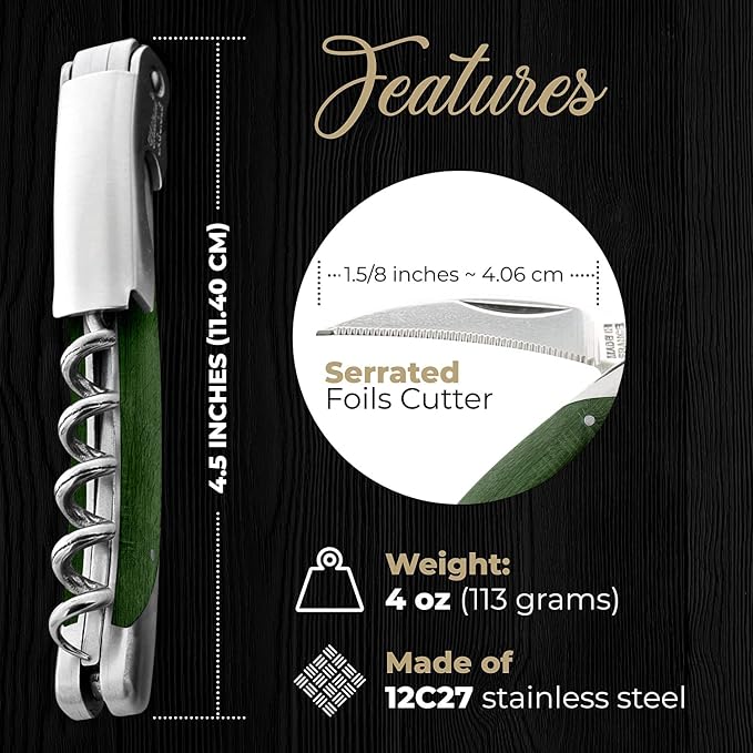 Chateau Laguiole Grand Cru Corkscrew - Green Stamina French Luxury Wine Opener - Made in France - Sommelier Key Includes Leather Sheath & Gift Box