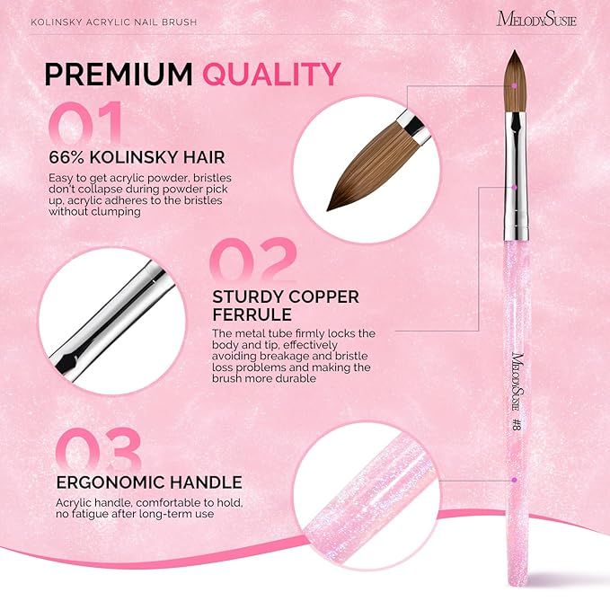 MelodySusie Kolinsky Acrylic Nail Brush,66% Kolinsky Hair Professional Nail Art Brush for Acrylic Application, Aurora Collection Fine Glitter Brush, Size 8