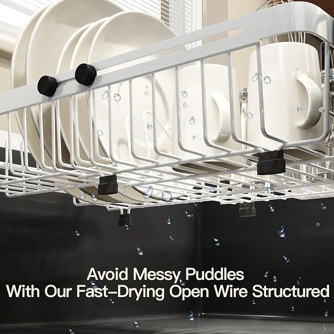 White Dish Drying Rack Over The Sink with Utensil Holder, Mat | Expandable Stainless Steel Dish Drainer for Small Kitchen, Apartment, RV, Counter Space Saving, Perfect Fit, Rustproof