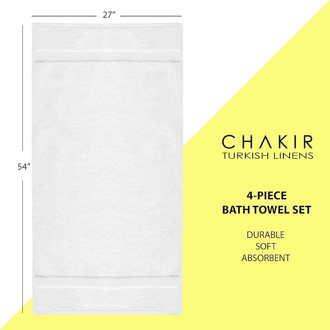 Chakir Turkish Linens 4 Piece Bath Towel Set, 100% Cotton Luxury Turkish Towels for Bathroom, Soft Absorbent Bath Towels, 27 x 54 Inches, White