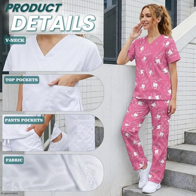 Gomyblomy Women's Scrubs Suit 3-Piece Set | Teeth Print V-Neck Top & Pants & Cap, Breathable and Stretch Fabric, S-5XL