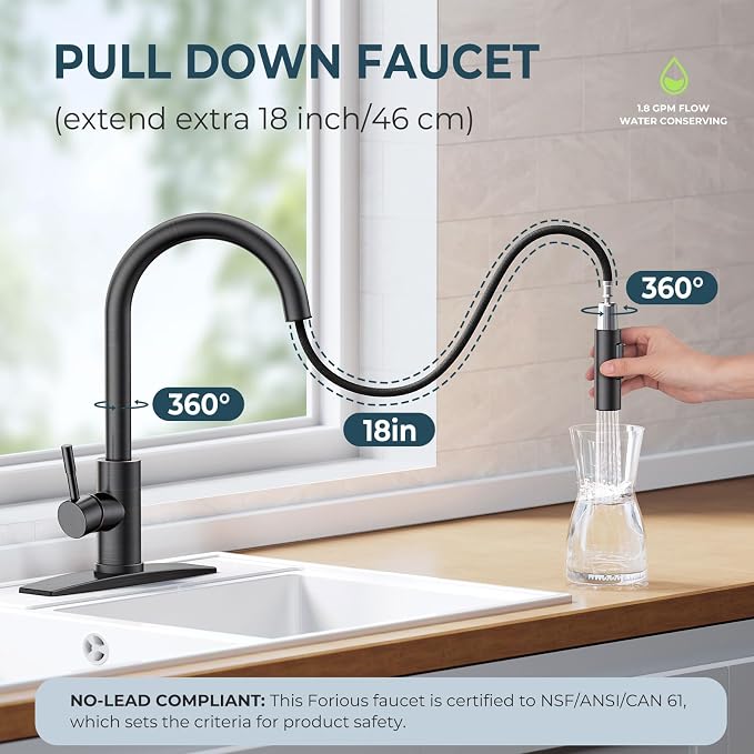 FORIOUS Oil Rubbed Bronze Kitchen Faucet with Pull Down Sprayer, High Arc Modern Classic Sink Faucet Stainless Steel with Deck Plate Fit for 1 or 3 Hole for Pot Filler Bar Farmhouse Laundry Rv, ORB
