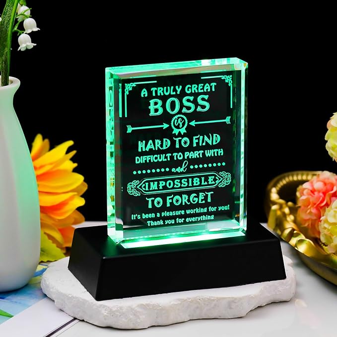 Movdyka Boss Gifts for Men Women Crystal Keepsake Best Boss Ever Appreciation Gifts for Boss Lady Christmas Boss Day Desk Decoration with Led Base