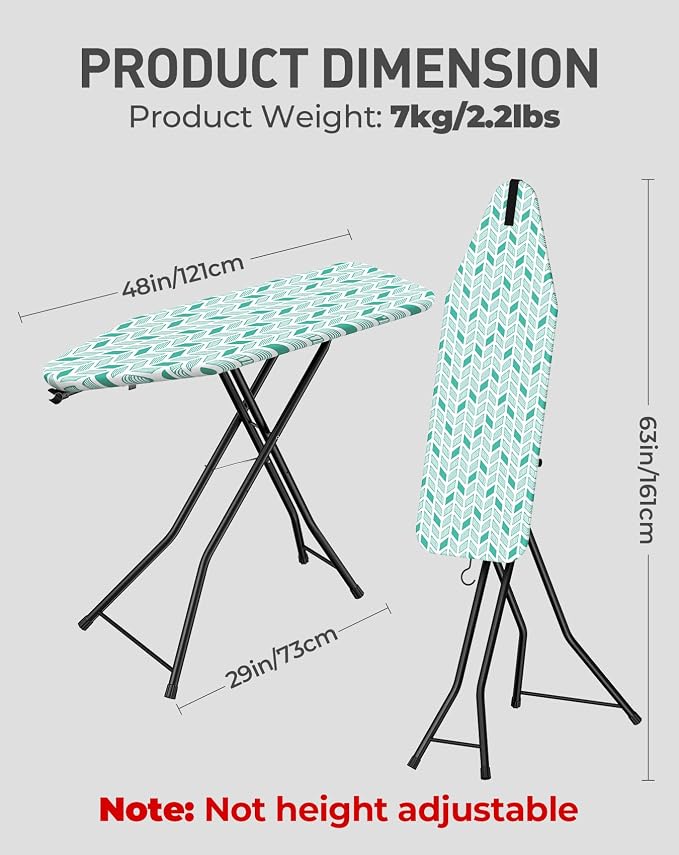 LyriFine Ironing Board, 2-in-1 Ironing and Steaming Board, 14″ x 43″ | Upgraded Iron Board with Iron Rest, Sturdy Steel Frame Iron Board with Non-Slip Feet, Ironing Board Full Size & Hook, Green