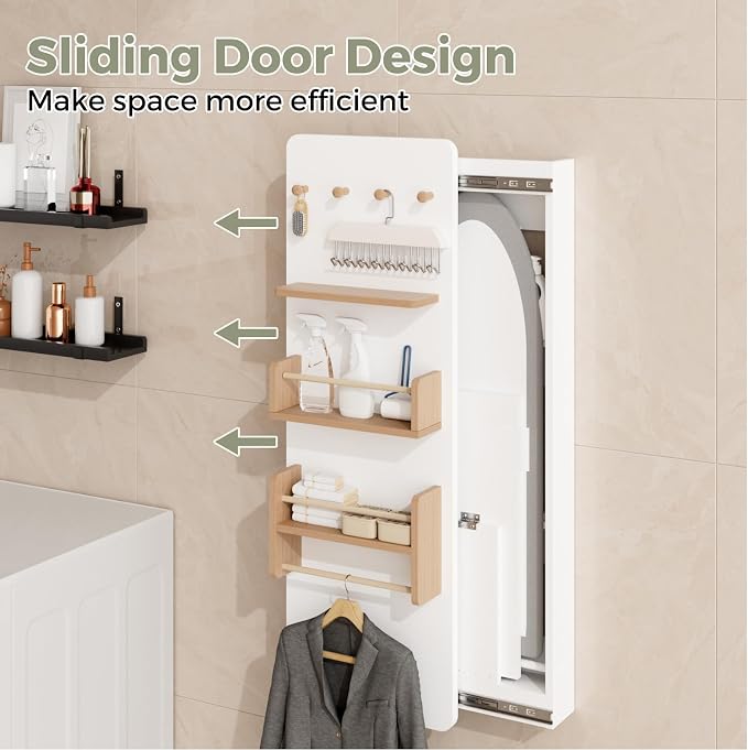 Kikihouse Wall Mounted Ironing Board Cabinet with Storage, Foldable Wall Ironing Board with Sliding Door, Wall Mount Space Saving Ironing Station for Laundry Room, Living Room, Entrance