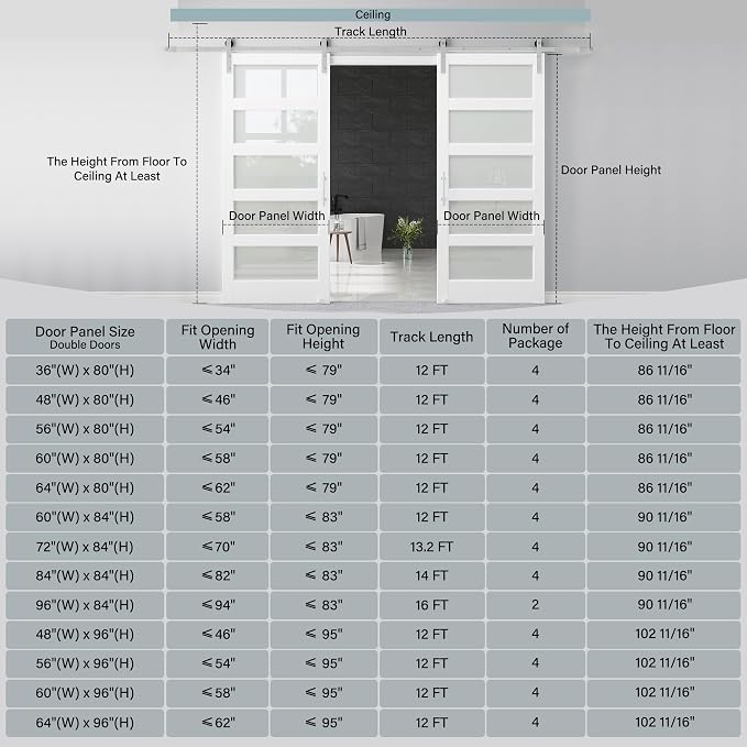 84" x 84" Double Barn Door and 14FT Brushed Nickel Hardware Kit, Sturdy & Stable Mortise and Tenon Structure, Water Resistant 5-Lites Glass Barn Doors for Bathroom, Pre-Drilled, Assembly Required