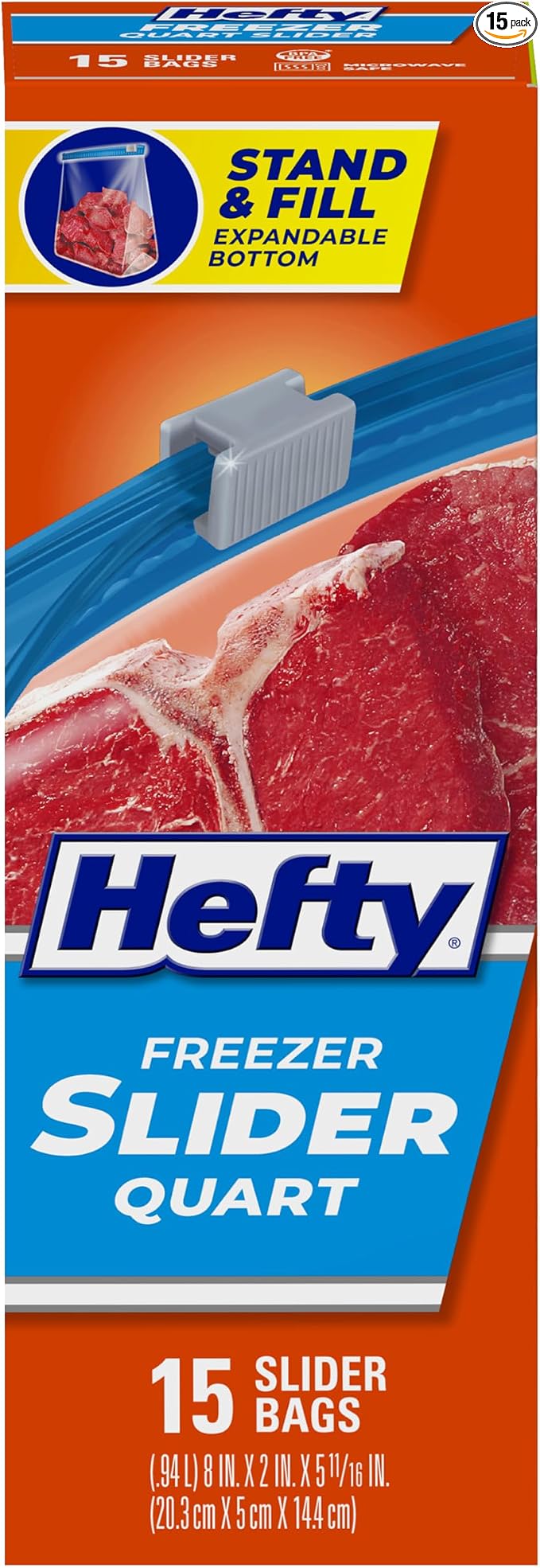 Hefty Slider Freezer Kitchen Storage Bags, Quart Size, 15 Count