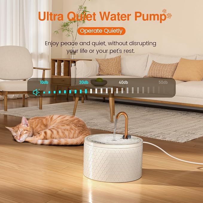 MISFANS Ceramic Cat Water Fountain, 2.1L/71oz, Honeycomb-Embossed Design | All-Ceramic Bowl and Lid, Pure Copper Spout, Under 20dB Pump, Dual Filtration, 2 Flow Modes, 3 Filters and Sponge