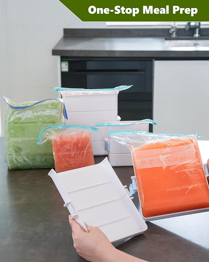 iCASA 4-Pack Soup Cubes Freezer Molds for Food Storage Bags 2 Cup + 6 Cup | Large + Small Meal Prep Bag Container, Freeze Soups, Sauces, Leftovers & Bone Broth, For Gallon Quart Food Storage Bags