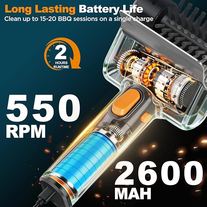 Electric Grill Brush with Dual Safety Lock - Ideal Gift for Men Dad Husband, Professional BBQ Cleaner with Submersible 304 SS Head, Splash-Proof Scrubber for Outdoor Grill (Orange Button)