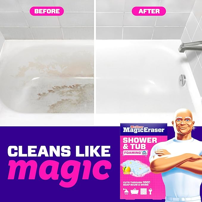 Mr. Clean Magic Eraser Sponge, Bathroom, Shower, Tub Cleaner, Soap Scum Remover, Bathroom Cleaning Supplies, Dawn Cleaning Power with Lemon Scent, Shower & Tub, 8 Count (Pack of 4)