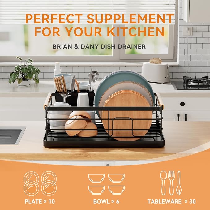 BRIAN & DANY Dish Drying Rack, Dish Racks for Kitchen Counter, Stainless Steel Dish Drainer with Removable Cutlery Holder & Drainboard, Black