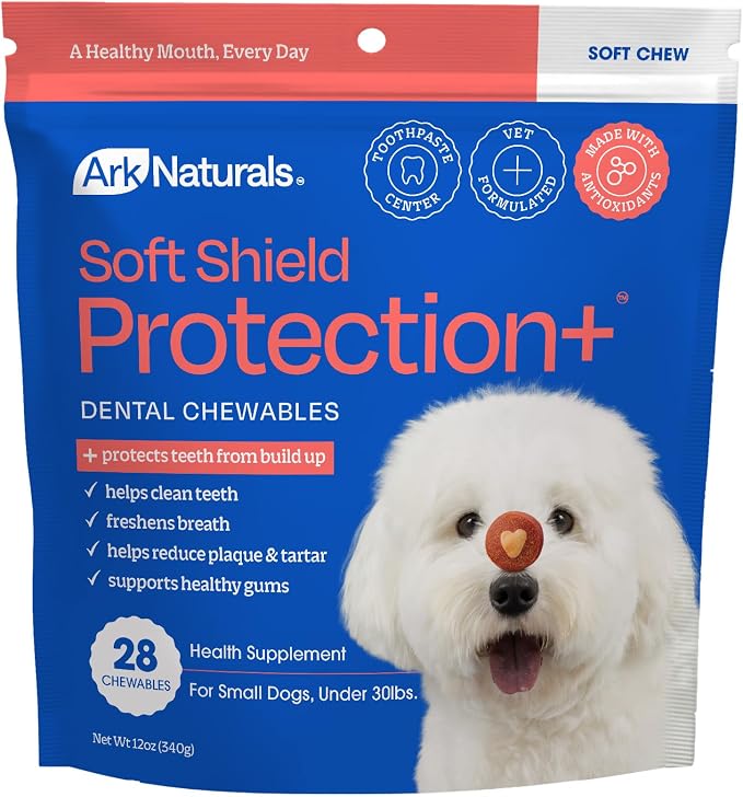 Ark Naturals Soft Shield Protection+ Brushless Toothpaste, Small Breed 28ct | Vet Formulated Soft-Baked Dog Dental Chew with Toothpaste Center - Freshens Breath and Prevents Plaque & Tartar