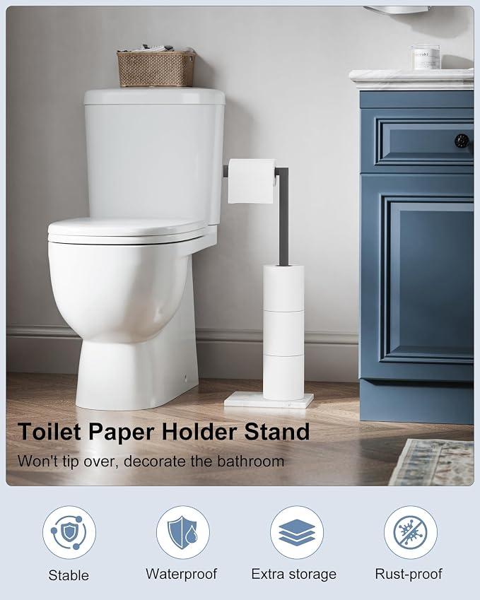 Free Standing Toilet Paper Holder Stand Matte Black SUS 304 Stainless Steel Rustproof 22 Inch Rotating Bathroom Tissue Roll Holder for 4 Rolls with Marble Base
