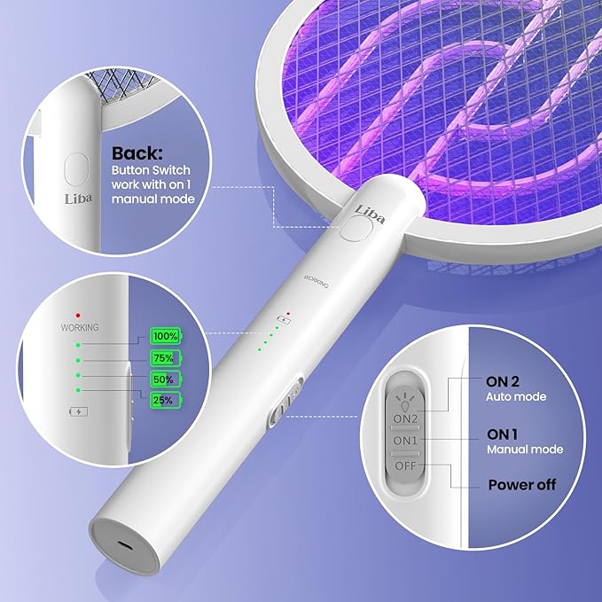 LiBa Electric Fly Swatter, 4000V 2-in-1 Mosquito Killer Lamp, USB Rechargeable with 5-Layer Safety Net, Cordless Insect Killer Trap Home Office Camping Patio