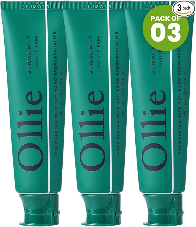 Ollie Fluoride Free 10% Nano Hydroxyapatite Toothpaste, Strong Mint, 4oz | Rod-Shaped Nano HAP, Remineralizes Enamel, Reduces Sensitivity, Reverses Small Cavities, Naturally Whitens Teeth, (Pack of 3)