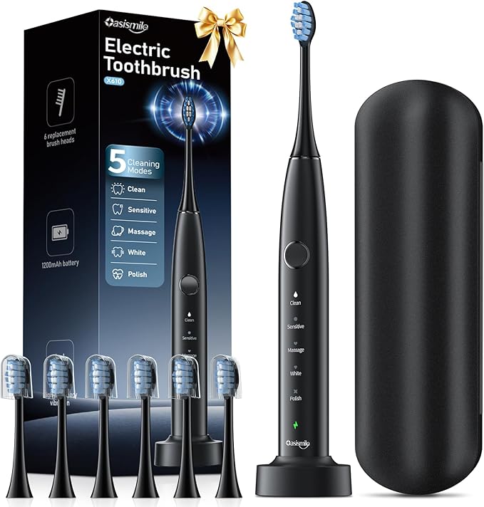 OasiSmile Sonic Electric Toothbrush, 42000 VPM Toothbrush with 6 Brush Heads & Travel Case, 5 Modes with 2 Minutes Built in Smart Timer, Wireless Charging, 100-Day Battery Life for Home Travel