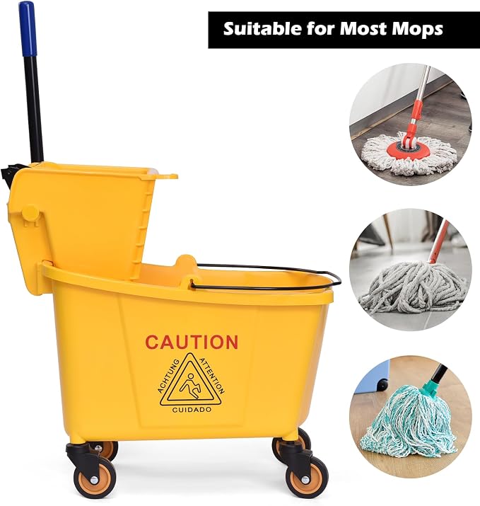 ARLIME Commercial Mop Bucket with Wringer, 35 Quart Capacity Portable Wringer Trolley, Side Press Floor Cleaning Wavebrake w/Handle, Small Mop Bucket on Wheels for Home, Industrial, Yellow | Portable Wringer Trolley, Side Press Floor Cleaning Wavebrake...