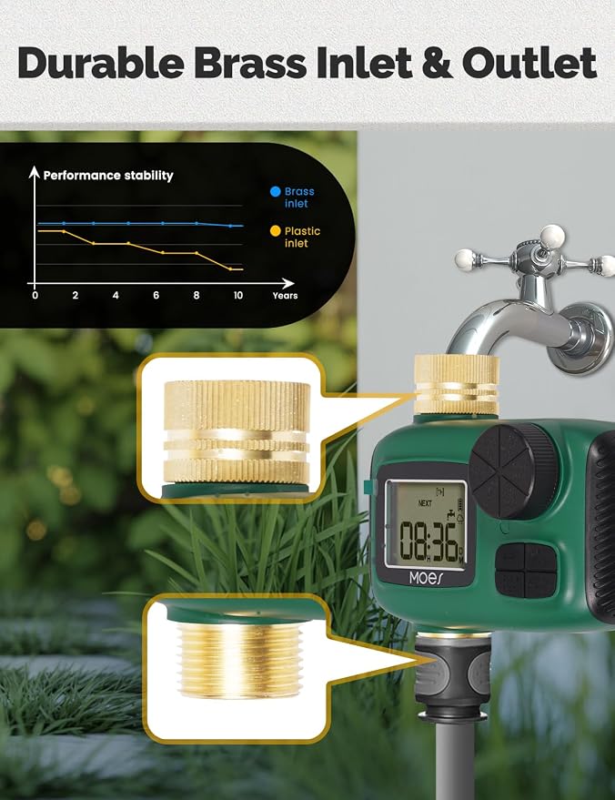 MOES Sprinkler Timer, Brass Inlet & Outlet Water Hose Timers, Programmable Automatic Irrigation Controller, Rain Delay, Manual Watering, 1 Zone Water Hose Timers for Gardens, Lawns, and Hose Systems