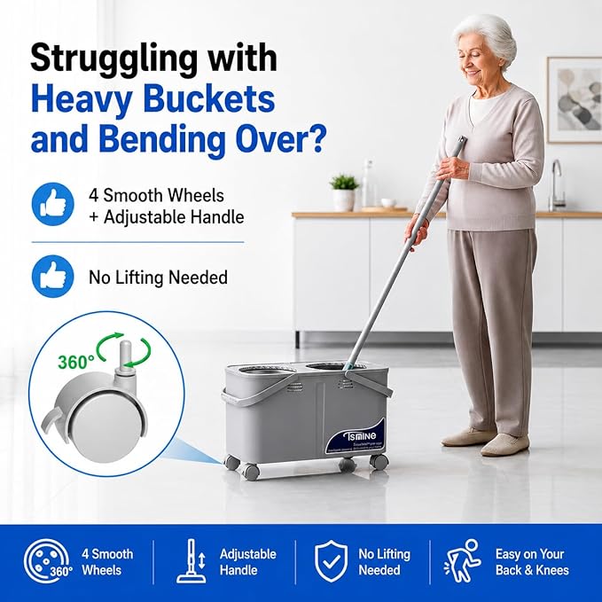 RinseWise Compact Gen 1 Spin Mop and Bucket with Wringer, 1.5 Gal Clean Water Capacity, Clean & Dirty Water Separation, 4 Swivel Wheels, 61" Long Handle, 6 Mop Heads for Daily Floor Cleaning