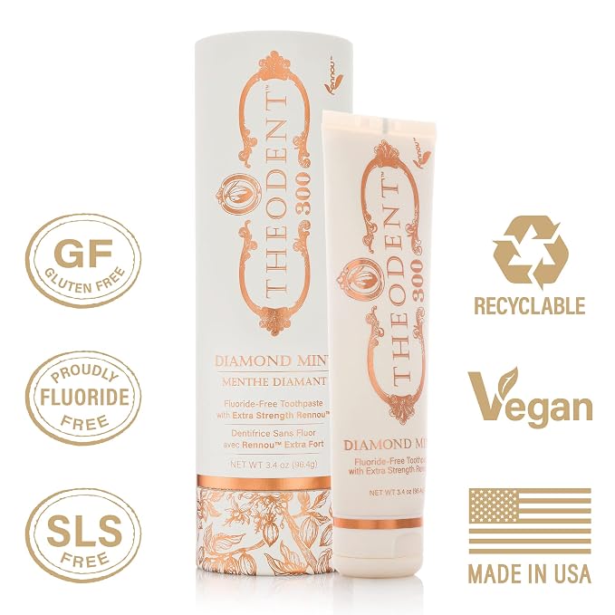 Theodent 300 Fluoride-Free Clinical-Strength Remineralizing Toothpaste | Highest Rennou® concentration for intensive enamel repair & sensitivity relief. Fluoride-free, SLS-free, diamond mint, 3.4 oz