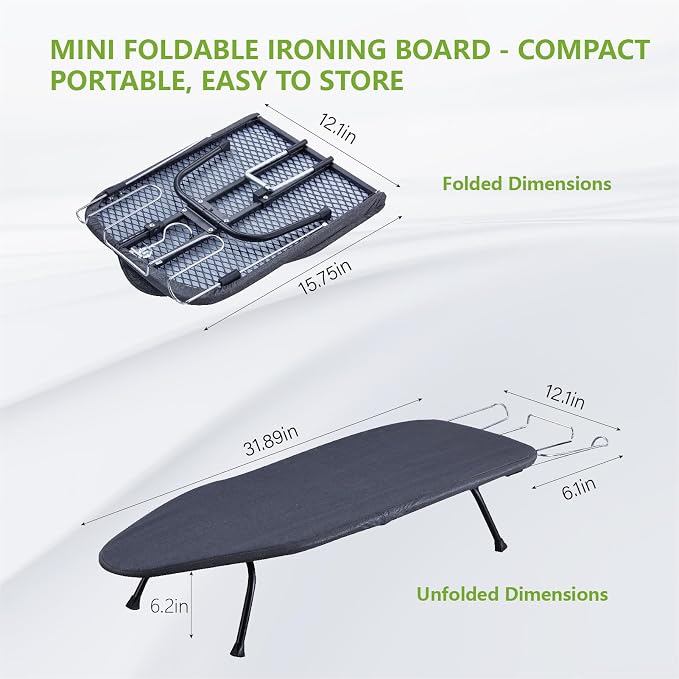 Metal Foldable Tabletop Ironing Board with Iron Rest, Portable Ironing Board Small with Heat Resistant Cotton Cover, Mini Iron Board for Small Space and Travel, 31"x12",Black