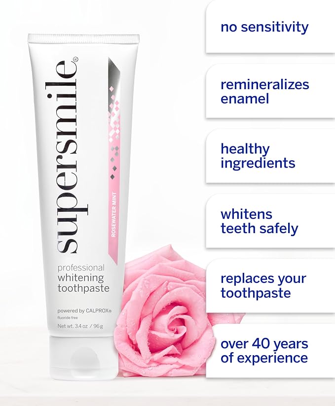 Supersmile Rosewater Mint Whitening Toothpaste, Fluoride-Free, 4.2 Oz | Calprox® Powered, Whitens 5.5 Shades in 7 Days, Moroccan Rosewater + Spearmint Blend, Veneer Safe, Sensitivity-Free