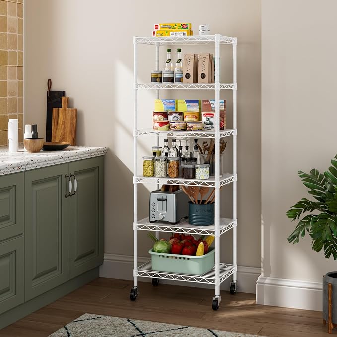Golpart Small 6 Tier Shelves Storage Wire Shelving Unit Metal Shelf Adjustable Organizers Storage Shelving with Wheels for Bathroom Laundry Room Kitchen Pantry11.7”D x 17.7”W”W x 61.6”H White
