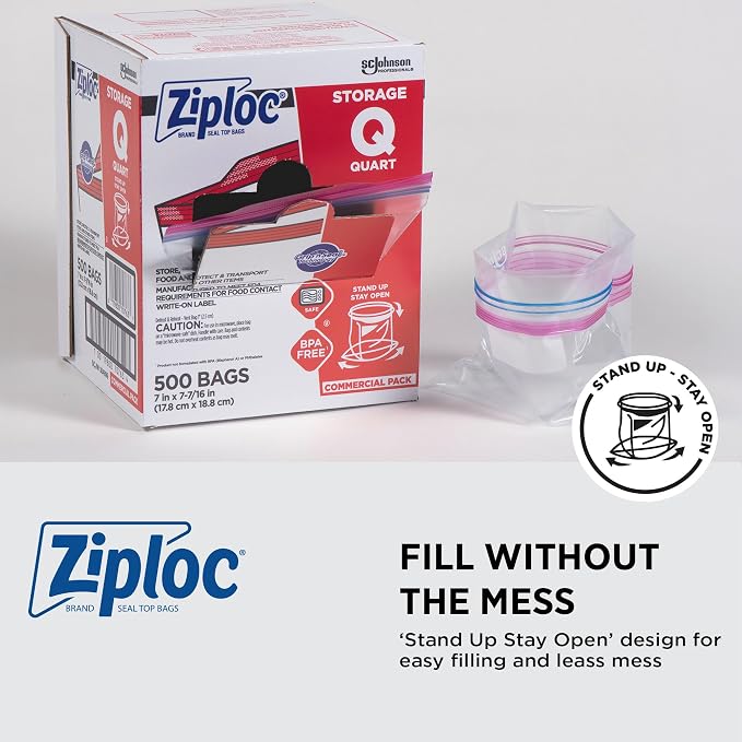 SC Johnson Professional, Ziploc Storage Bags, For Food Organization and Storage, Double Zipper Seal, Easy-Open Tabs Quart, 500 Count
