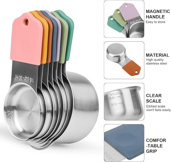 Magnetic Measuring Cups and Spoons Set 14, Stainless Steel Measuring Cups and Spoons Set for Dry & Liquid, Heavy Duty Metric Measuring cups & Spoons with Leveler for Baking & Cooking, Color